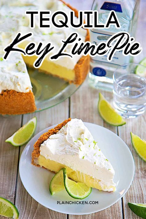 Tequila Key Lime Pie Recipe - cinnamon graham cracker crust, quick key lime pie filling kicked up with a hint of tequila and topped with homemade whipped cream. Perfect for Cinco de Mayo! Delicious Mexican dessert recipe. #keylime #pie #dessert Margarita Pie Recipe, Key Lime Pie Filling, Cinnamon Graham Cracker Crust, Key Lime Pie Recipe, Lime Pie Recipe, Alcoholic Desserts, Keylime Pie Recipe, Mexican Dessert Recipes, Rich Desserts