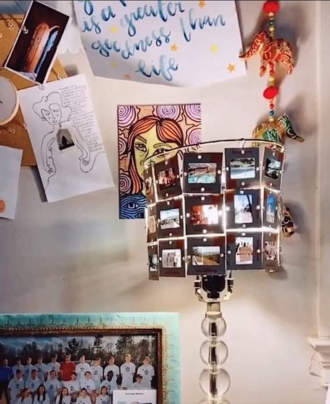 cr: @em12221 on tiktok lamp shade made from old film/polaroids 🌌 Old Film, Lamp Shade, Photo Wall, Film, Frame, Wall, Quick Saves