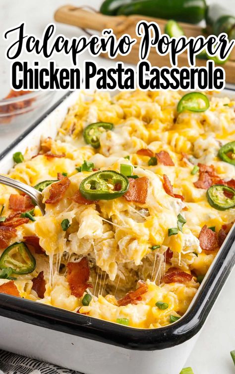 Jalapeño popper chicken pasta casserole is a delicious combination of tender pasta mixed with chicken, crisp bacon, and melted cheese. Jalapeno Popper Chicken Casserole, Chicken Pasta Casserole, Popper Chicken, Jalapeno Popper Chicken, Jalapeno Chicken, Jalapeno Popper, Pasta Casserole, Jalapeno Poppers, Chicken Recipes Casserole