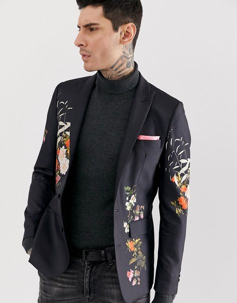 Devils Advocate skinny floral sateen blazer 94.50 USD Mens Floral Blazer, Floral Suit Jacket, Devils Advocate, Floral Suit, Grey Suit Men, Wedding Suits Groom, Blazer Designs, Floral Blazer, Floral Shoes