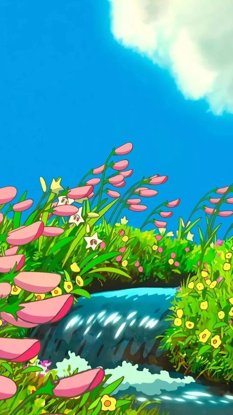 Studio Ghibli, Castle, Water, Flowers, Green, Pink, Blue