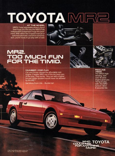 90s Car Adverts, Aw11 Mr2, Car Brochure, Toyota Mr2, Car Poster, Initial D, Ae86, Magazine Ad, Car Advertising