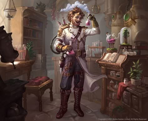 "Cheerful Scientist - Murka Games" by Ramza Ardyputra Fantasy Scientist Art, Steampunk Artificer, Reading Minds, Potion Maker, Crazy Scientist, Steampunk Characters, Caracter Design, Dungeons And Dragons Art, Savage Worlds