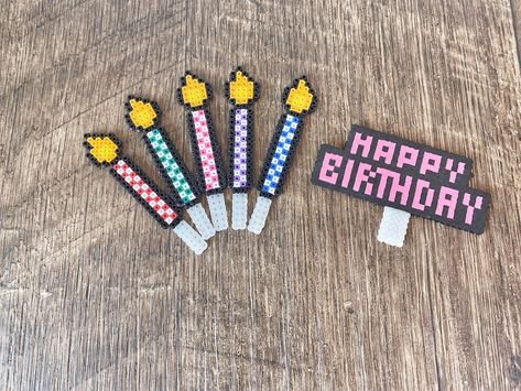 Birthday Candle Pixel Art | CupCake Topper | 8bit Birthday Candle |Perler Birthday Party Favors | Decoration For Cupcake | Pixel Candle Looking for a fun way to decorate your party cake? 8-Bit Pixel Candles made from perler beads are a colourful, safe way to celebrate a birthday or other special day, and they last forever! Choose from different colors, or designs! These candles are made from perler beads - there is no wick or wax, and no flame needed to enjoy! Approx 2in x 2in I can create Perle Happy Birthday Perler Beads, Happy Birthday Pixel Art, Birthday Perler Beads, Birthday Pixel Art, Beaded Candle, Hamma Beads Ideas, Pixel Beads, Pearl Beads Pattern, Easy Perler Beads Ideas