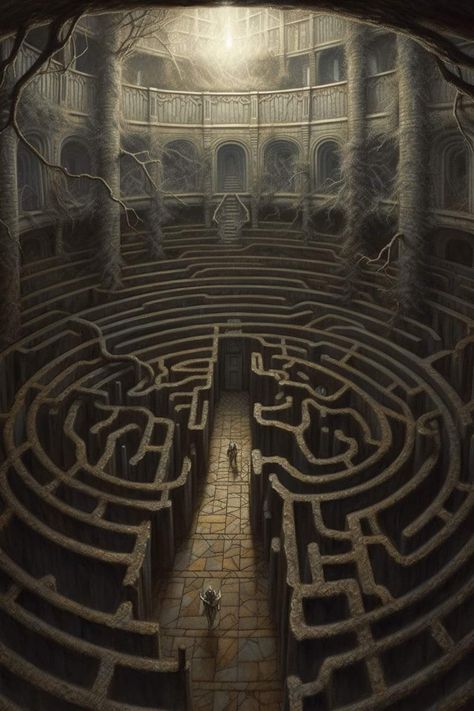 Labyrinth Fantasy Art, Fantasy Catacombs, Indoor Amphitheater, Maze Layout, Arena Concept Art, Maze Illustration, Maze Drawing, African Superhero, Labyrinth Maze