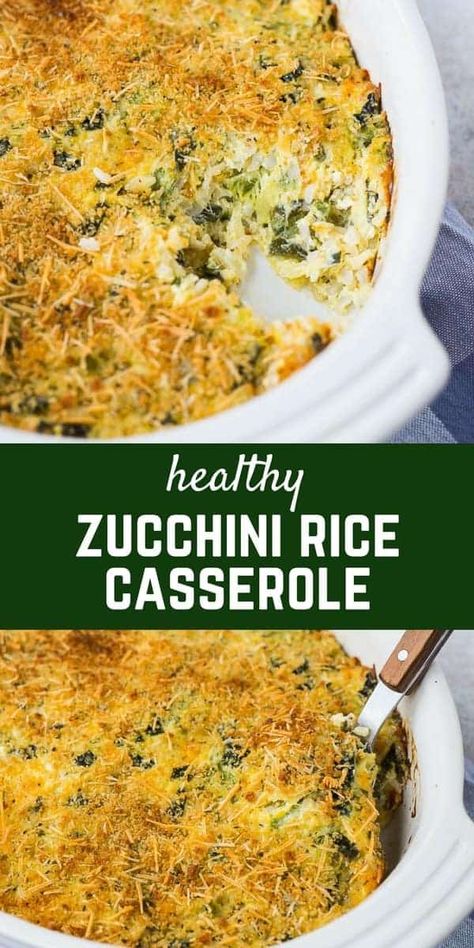 Cheesy, comforting, and filling, zucchini rice casserole is going to become a favorite around any family table. It’s also a great use for leftover rice! Get the recipe on RachelCooks.com! Zucchini Rice Casserole, Cheesy Zucchini Rice, Leftover Rice Recipes, Zucchini Rice, Zucchini Casserole Recipes, Grain Recipes, Veggie Casserole, Rice Casserole Recipes, Salads Recipes