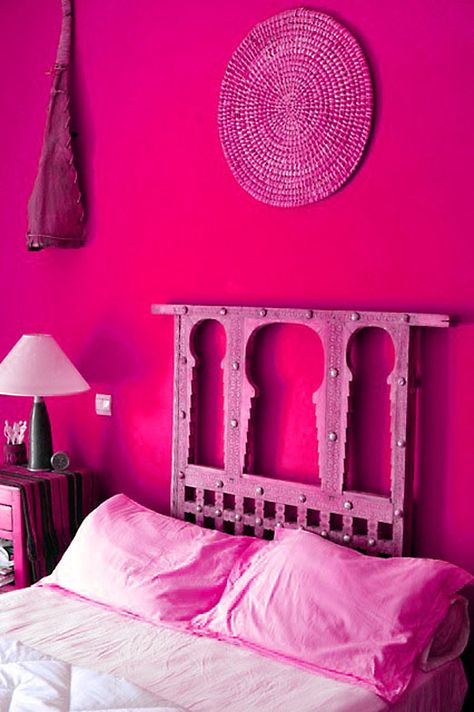 Hot pink is vibrant and happy.  Perfect color for a bedroom. #home #decor Window Headboard, Hot Pink Room, Moroccan Window, Hot Pink Walls, Pink Paint Colors, Eclectic Bedroom, Yellow Bedroom, Orange Walls, Deco Boheme