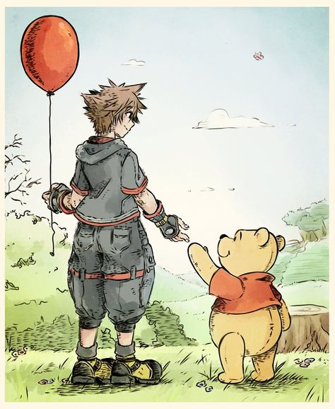 Sora And Winnie The Pooh, Kingdom Hearts Winnie The Pooh, Sora Kh3, Kingdom Hearts 1, Sora And Kairi, Kingdom Hearts Wallpaper, Kh 3, Kingdom Hearts Characters, Disney Kingdom Hearts