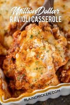 Million Dollar Ravioli Casserole - seriously delicious! Meat sauce, frozen ravioli, and 4 cheeses! The BEST pasta casserole EVER!!! Can make ahead and refrigerate or freeze for later. Frozen cheese ravioli, cream cheese, sour cream, cottage cheese, Italian sausage, spaghetti sauce, parmesan cheese and mozzarella cheese. Serve with a simple salad and garlic bread. Great for dinner parties and potlucks! Everyone loves this easy casserole! I never have any leftovers!! #casserole #pasta #... Casserole Recipes That Can Be Frozen, Hamburger Ravioli Recipe, Canned Ravioli Recipes, Makeahead Dinner Ideas, Easy Luncheon Menu Ideas, Frozen Ravioli Recipes, Million Dollar Ravioli, Casserole Pasta, Ravioli Casserole