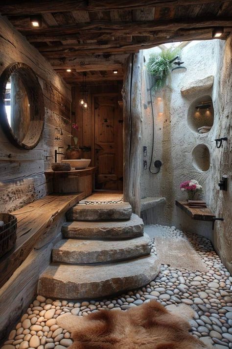 Mud House Indian, Indoor Outdoor Bathroom, Outdoor Bathroom Design, Rustic Shower, Earthy Home, Cabin Bathrooms, Stone Interior, Dream Life House, Bathroom Farmhouse Style