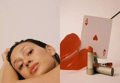 Braina Laviena wearing minimal makeup alongside ILIA lipstick positioned by a flower and playing card Lip Liner And Gloss, Ilia Lipstick, Oil Lipstick, Product Recommendation, Clean Beauty Products, Viral On Tiktok, Glow Mask, Natural Eyeshadow, Skin Line