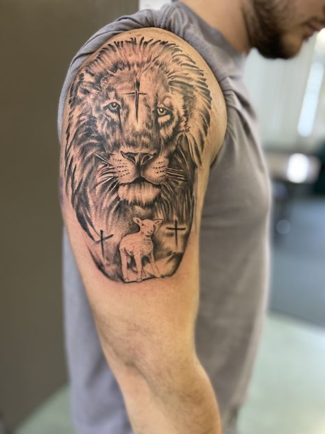 lion of Judah & lamb of God half sleeve tattoo God Half Sleeve Tattoo, Lion Of Judah Lamb Of God Tattoo, Lion And The Lamb Tattoo, Lion And Lamb Tattoo, Lion Of Judah Tattoo, Lamb Tattoo, Lion Lamb, Tattoos Arm, Men Tattoos Arm Sleeve