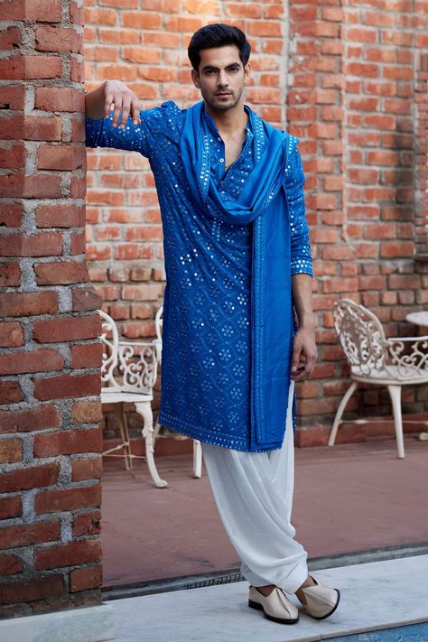 Buy Blue Georgette Embroidery Mirror Ranbir Kurta Set With Stole For Men by Ankit V Kapoor Online at Aza Fashions. Diwali Men Outfit, Kurta Salwar Men, Kurta With Dupatta Men, Kurta Poses For Men, Diwali Outfits Men, Blue Kurta Men, Kurta Pajama Men Punjabi, Men Kurta Designs Style, Punjabi Kurta Pajama Men