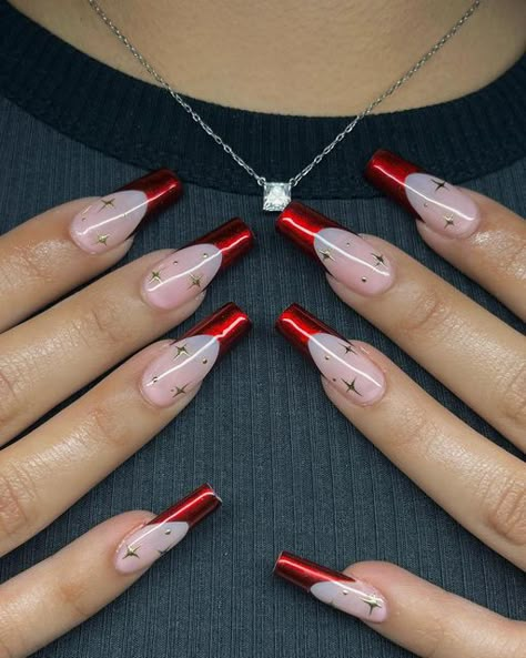 Red Crome Nails Design, Red Crome Nails Acrylic, Red And Chrome Nails, Red Chrome French Tip Nails, Nurse Nails, Red Chrome Nails, Red Chrome, Chrome Nails Designs, Bling Acrylic Nails