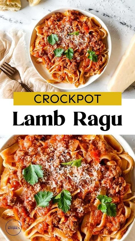 Crockpot lamb ragu with pasta is perfect for an easy weeknight meal or meal prep! This Italian comfort dish features lamb braised for hours, creating a rich, savory sauce. Serve it over your favorite pasta like pappardelle or rigatoni for a warming dinner that’s ideal for friends or family. Made with ground lamb and crushed tomatoes, this recipe is a must-add to your fall dinner ideas. Cozy up with this hearty, flavorful dish for a satisfying meal that’s sure to impress! Lamb Ragu Recipe, Crockpot Lamb, Lamb Pasta, Lamb Sauce, Fall Dinner Ideas, Lamb Ragu, Slow Cooker Lamb, Dinner Party Dishes, Ragu Recipe