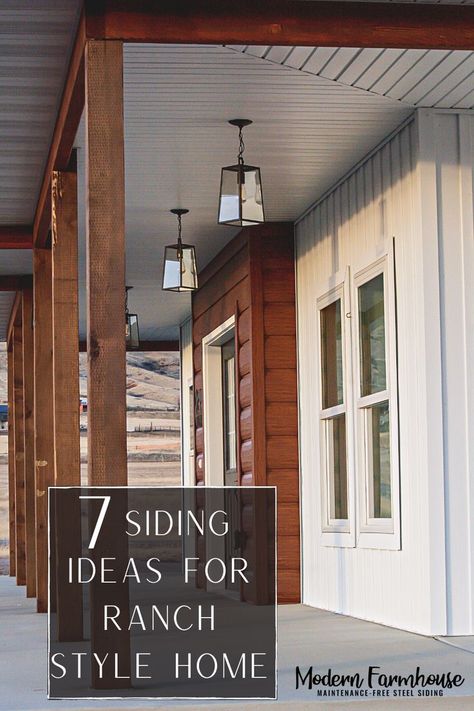 Style your ranch home with these 7 tips. Hint: Put a lot of thought into your siding and entryway ideas!---#logsiding #steellog #trulog #boardandbatten #steelsiding #steelhome #metalhouse #whitehome #farmhouse #barndominium #barndo #shophouse #polebarn #sidingdiy #homemakeoverdiy #remodel #exteriorsiding #housesiding #houseupdate Trulog Siding, Siding Ideas, Steel Siding, Diy Cabin, Siding Options, Log Siding, Metal Siding, Farmhouse Barndominium, Entryway Ideas