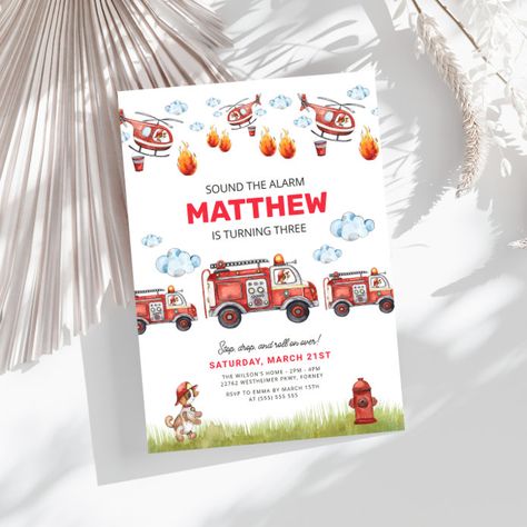 Firetruck Birthday Party, Fireman Birthday, Birthday Party Design, Truck Birthday, Third Birthday Party, Firetruck Birthday, 2nd Birthday Invitations, Trucks Birthday Party, Dalmatian Dog