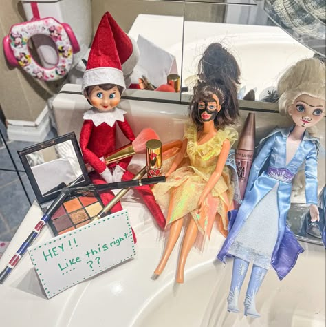 Elf On The Shelf With Princesses, Elf On The Shelf Makeup Ideas, Elf On The Shelf Makeup, Elsa Let It Go, Elf Shenanigans, Awesome Elf On The Shelf Ideas, Elf Antics, Makeup For Moms, Elf Makeup