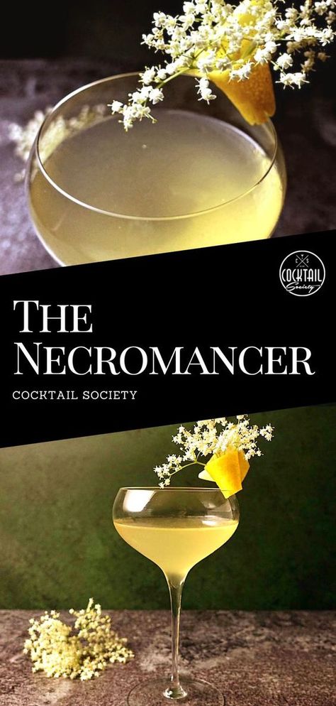 The Necromancer cocktail, quite the contrary to what the name suggests, is floral and easy to drink. It combines sweet and smooth elderflower liqueur with herbal and mystical Absinthe. #TheNecromancerCocktail #Elderflower #Elderflowerliqueur #ElderflowerCocktail #Absinthe #AbsintheCocktail #Cocktail #Cocktailrecipe The Necromancer Cocktail, Necromancer Cocktail, Absinthe Cocktail Recipes, Elderflower Liquor, Tortured Artist, Absinthe Cocktail, Elderflower Cocktail, The Green Fairy, The Necromancer