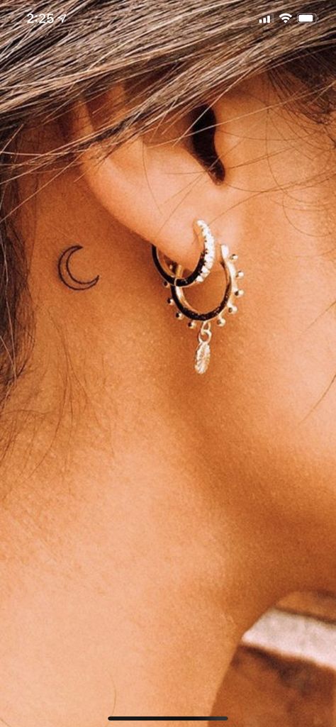 Neck Moon Tattoos Women, Half Moon Tattoo Behind Ear, Moon And Sun Ear Tattoo, Sun Tatoos Behind The Ear, Sailor Moon Moon Tattoo, Sun Tattoo Behind The Ear, Saturn Tattoo Behind Ear, Moon And Stars Tattoo Behind Ear, Mini Collar Bone Tattoo