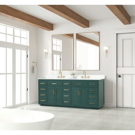 Overall: 36" H X 84" W X 22" D Drawer Size: 6.63" H X 11" W X 16"D Top Thickness: 3/4" Faucet Centers: 8"Spread Hardware Finish: Brushed Nickel, Matte Black, Brushed Brass Countertop material: Quartz Sink Material: Ceramic Backsplash size: 84"x3/4"x4" Base Material: Rubber wood Sink Type: Under-mounted P-Trap Included: NO Socket Included: Yes Drain Assembly: NO Sink Shape: Rectangular Cabinet Finish: Painting Wood Species: Rubber wooa Sink Type: Undermount Sink Finish: White Color: Green.  Pattern: solid. Backsplash Size, Brass Countertop, Wood Bathroom Storage, Bathroom Vanity Double Sink, Ceramic Backsplash, Quartz Sink, Countertop Backsplash, Wood Sink, Countertop Material