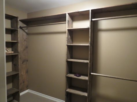 DIY closet shelves - Walk-in closets: No more living out of laundry baskets! Wood Closet Shelves, Diy Walk In Closet, Diy Closet Shelves, Narrow Closet, Master Closet Organization, Closet Redo, Closet Diy, Open Closet, Closet Layout