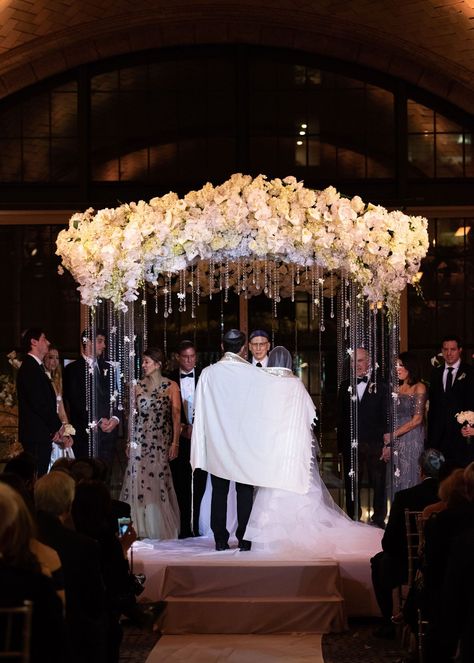 wedding ceremony acrylic lucite chuppah cascading crystals white ivory orchid hydrangea flowers Jewish Wedding Ideas, Chuppah Flowers, Jewish Wedding Traditions, Wedding Chuppah, Jewish Wedding Ceremony, Inside Weddings, Wedding Inside, Ceremony Inspiration, Jewish Wedding