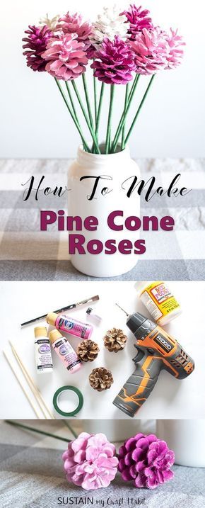 how to make pine cone roses | painted pinecones flowers tutorial | diy pine cone flowers with stems | simple rustic wedding ideas Painted Pinecones, Pine Cone Art, Diy Pinecone, Pink Crafts, Pine Cone Decorations, Cones Crafts, Pine Cone Crafts, Colorful Bouquet, Belem