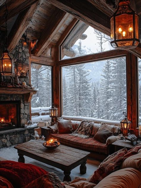 Cozy Winter Cabin Aesthetic, Winter House Interior, Winter Cabin Aesthetic, Rustic Cabin Interior, Cabin Interior Ideas, Norway House, Cozy Winter Cabin, Log Cabin Ideas, Cabin Aesthetic