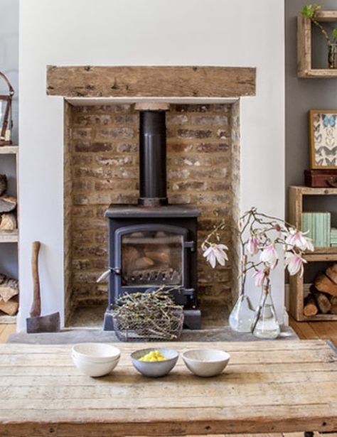 Wood Stove Surround, Living Room Designs Farmhouse, Exposed Brick Fireplaces, Woodburning Stove Fireplace, Wood Burner Fireplace, Wood Burning Stoves Living Room, Log Burner Fireplace, Log Burner Living Room, Cottage Fireplace