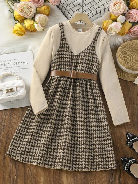 2 In 1 Dress, Kids Dress Collection, Cottagecore Outfits, Clueless Outfits, Hounds Tooth, Houndstooth Dress, 21st Dresses, Fancy Dress Design, Stylish Dresses For Girls