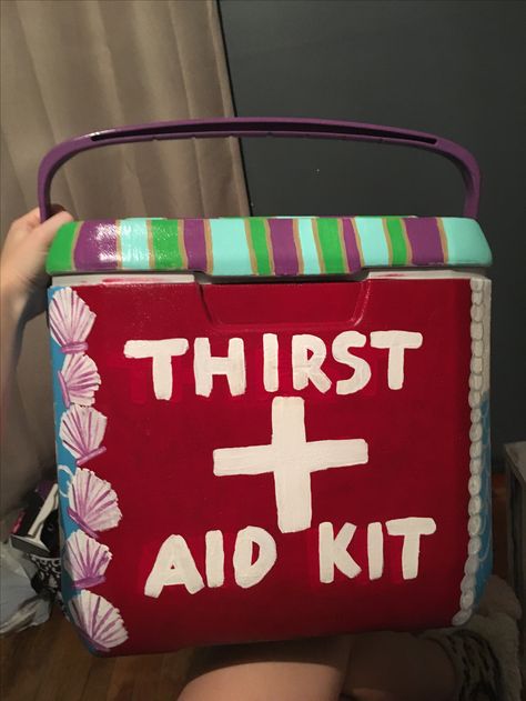 Thirst aid kit painted cooler Cooler Painting Ideas For Girls Summer, Girly Painted Cooler, Cooler Decorating Ideas, Girly Cooler Painting, Painted Coolers For Girls Ideas, Coolers Painted, Hand Painted Coolers, Cup Pong, College Crafts