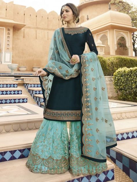 Bollywood diva drashti dhami style green embroidered sharara suit online which is crafted from satin georgette fabric with exclusive embroidery and stone work. This designer sharara suit comes with net bottom and net dupatta. Engagement Sharara, Pakistani Gharara, Peacock Blue Dress, Designer Sharara, Gharara Suits, Suit Indian, Embroidered Sharara, Drashti Dhami, Sharara Suits