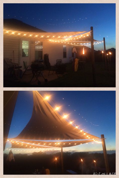 DIY sun sail & string lights patio project!!! Love!! :)                                                                                                                                                                                 More Yard String Lights, Living Pool, Backyard Shade, Patio String Lights, Patio Projects, Pergola Lighting, Sun Sail Shade, Patio Shade, Pergola Plans