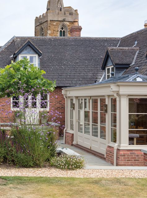 Home completely transformed with two light filled orangeries Conservatory Renovation, Edwardian Conservatory, Orangery Conservatory, Victorian Conservatory, Open Plan Kitchen Dining, Roof Lantern, Solid Brick, Split Level, Courtyard Garden