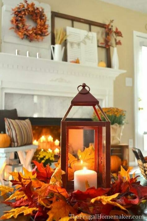 Lantern center piece Fall Centerpieces Diy, Indoor Fall Decor, Fall Lanterns, Fall Fireplace, Lantern Centerpieces, Thanksgiving Decorations Diy, Inspiring Photos, Fall Deco, Fall Thanksgiving Decor