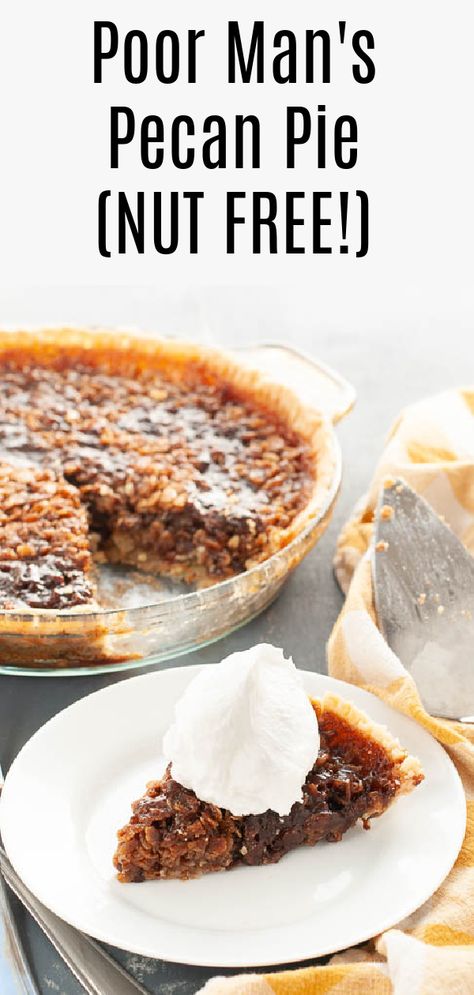 Simply use oatmeal, and you can still have that sticky, caramel filling, and flaky pie crust, but with oats instead of pecans. And to really take it over the top, I spread a layer of chocolate on the crust. This pie is also known as Poor Man’s Pecan Pie, Faux Pecan Pie, Mock Pecan Pie, Black Bottom Oatmeal Pie or No Nut Pecan Pie. No matter what you call it this delicious Thanksgiving dessert is free of: gluten, wheat, dairy, egg, soy, peanuts and tree nuts. It’s top-8-free and vegan too! Delicious Thanksgiving Desserts, Vegan Pies Recipes, Oatmeal Pie, Caramel Filling, Vegan Pie, Poor Man, Delicious Thanksgiving, Flaky Pie Crust, Allergy Free Recipes