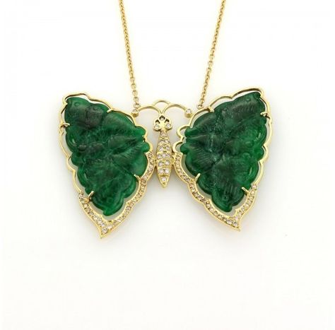 18K Yellow Gold Diamonds and Jade Large Butterfly Pendant and Chain Necklace - This is a magnificent necklace, it is crafted from solid 18k yellow gold with a fine polished finish, the pendant is in the style of a large butterfly with wings spread out, in each gold wing is an intricate medium relief carved butterfly in jade stone and it is fitted in the open wings of the gold butterfly. The gold body and the bottom end of the wings of the main butterfly is adorned with round sparkling diamon... Mens Diamond Jewelry, Open Wings, Gold Wing, Gold Bodies, Gold Chain With Pendant, Largest Butterfly, Jade Jewelry, Gold Butterfly, Yellow Gold Chain