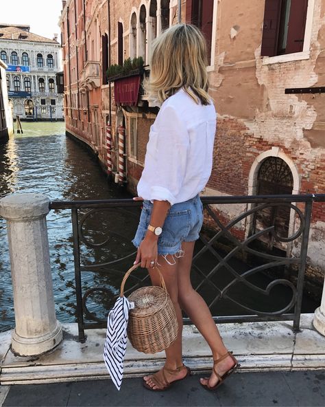 Pure Linen Long Sleeve Shirt curated on LTK Shirt And Shorts Beach Outfit, Basket Bags Street Style, Linen Shirt Denim Shorts, French Basket Bag, Long Sleeve Shirt And Shorts Outfit, Street Style Shorts Outfit, Italy Style Summer, Shorts Long Sleeve Outfits, Basket Bag Outfit