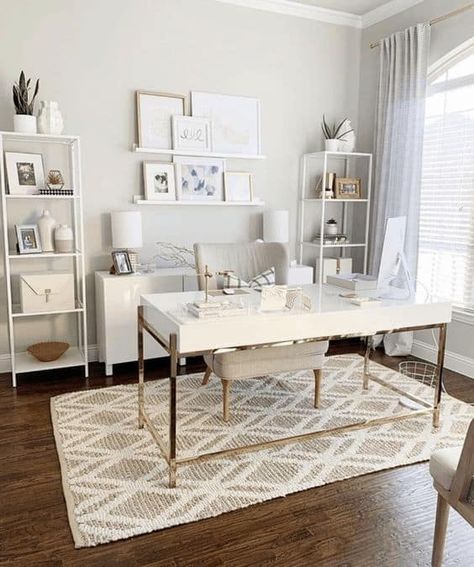 18 Cozy Neutral Home Office Decor Ideas » Lady Decluttered Cream Colored Office Walls, Neutral Home Office Decor, Neutral Home Office, Feminine Home Office, Home Office Decor Ideas, Feminine Home, Lady Decluttered, Feminine Office, Feminine Home Offices