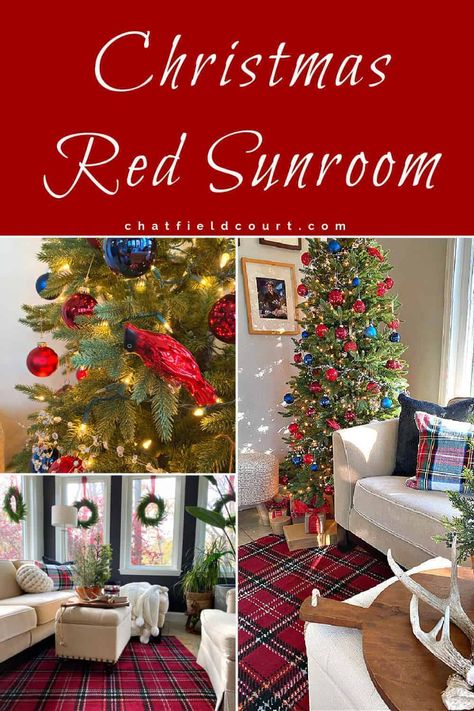 Christmas decor ideas for a small cottage sunroom in red plaid, with a little touch of navy, for the Christmas holiday. Christmas Decor Ideas Red, Sunroom Christmas, Cottage Sunroom, Window Wreaths, Red Plaid Pillows, Dark Accent Walls, Window Wreath, Beautiful Bedrooms Master, Traditional Colonial