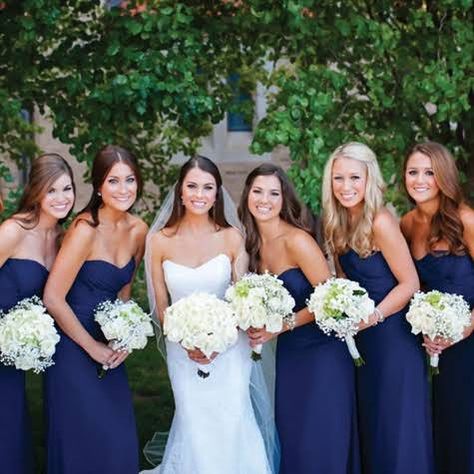 Love the wedding dress, the bridesmaid dresses, and color scheme/flowers Bridesmaid Bouquet White, Navy Bridesmaid Dresses, Bridesmaids And Groomsmen, Navy Wedding, Wedding Wishes, Fairytale Wedding, Bridesmaid Bouquet, Wedding Attire, Blue Wedding