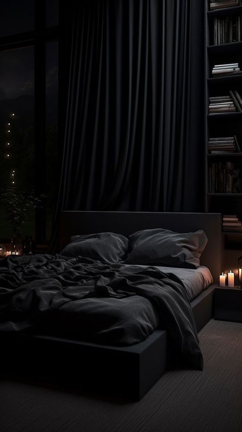 Dark Moody Apartment, Dark Bedroom Ideas Luxury, Rich Bedroom Luxury Black, Dark Room Aesthetic Black, Cozy Dark Home, Noir Bedroom, Dark Aesthetic Bedroom, Moody Apartment, Dark Modern Bedroom