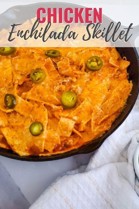 Chicken Enchilada Skillet is easy and flavorful. It doesn't require a lot of prep and only requires one pan for easy clean up. 4 Ingredient Chicken Enchilada Casserole, Skillet Enchilada Casserole, Lazy Enchiladas, Dorito Chicken Tenders, 4 Ingredient Chicken, Skillet Enchiladas, Doritos Chicken, Chicken Enchilada Skillet, Enchilada Skillet