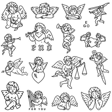 Cherub Tattoo Designs, Minimal Tattoo Designs, Minimal Tattoo Ideas, Holiday Owl, Red Heart Tattoos, Tattoo Catalog, Heaven Tattoos, Cherub Tattoo, Tattoo Outline Drawing