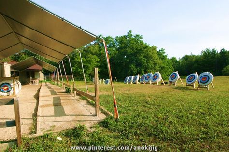 The archery range at Camp Anokijig Outdoor Archery Range, Archery Field, Archery Room, Apollo Cabin, Sports Facility Architecture, Archery Range, Camp Jupiter, Outdoor Education, Event Hall