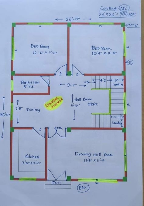 Mini House Plans, Autocad Floor Plan, Drawing House Plans, Small House Blueprints, 2bhk House Plan, Three Bedroom House Plan, Indian House Plans, Bungalow Style House Plans, Little House Plans