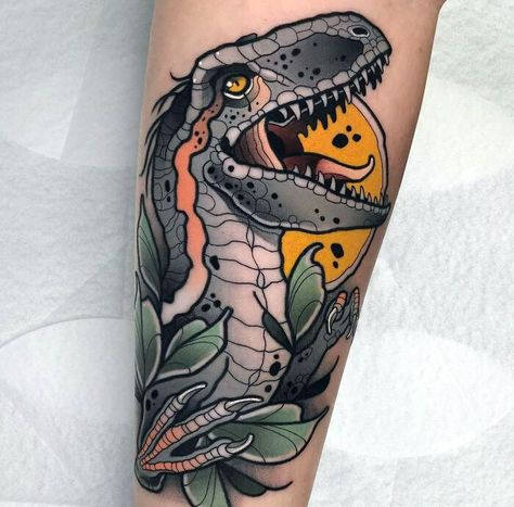 Velociraptor Tattoo. Thank You For The Trust And Letting Me Do This Cool Dinosaur Traditional Dinosaur Tattoo, Traditional Tattoo Reference, T Rex Tattoo, Crocodile Tattoo, Dinosaur Tattoo, Dinosaur Tattoos, Tattoo For Son, Red Tattoos, Traditional Tattoo Art