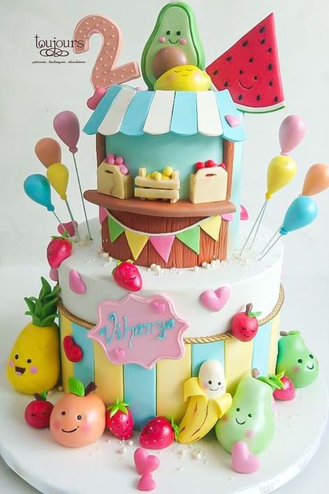 A fruit themed two tier cake for a 2nd birthday party. Fruit Theme Cake, Fruit Themed Cake, Fruit Birthday Party, Fruit Birthday, Two Tier Cake, Cake Studio, 2nd Birthday Party, Tier Cake, A Fruit