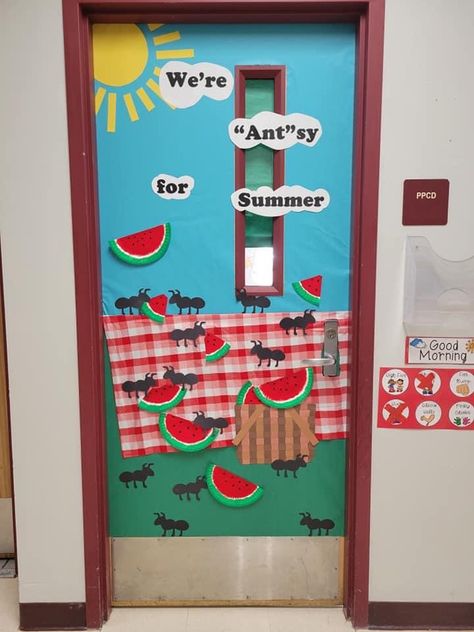 Summer Classroom Door “We’re “antsy” for Summer” picnic basket, watermelon, ants, sun, clouds, sky, red, white, checkered, blanket Summer Ideas For Classroom Doors, May Themed Classroom Door Ideas, Summer Birthday Wall Ideas For Classroom, Summer Time Classroom Door Ideas, Ants Bulletin Board Ideas, June Classroom Themes, Picnic Classroom Decor, Summer Doors For Daycare, Summer Time Door Decorations For School